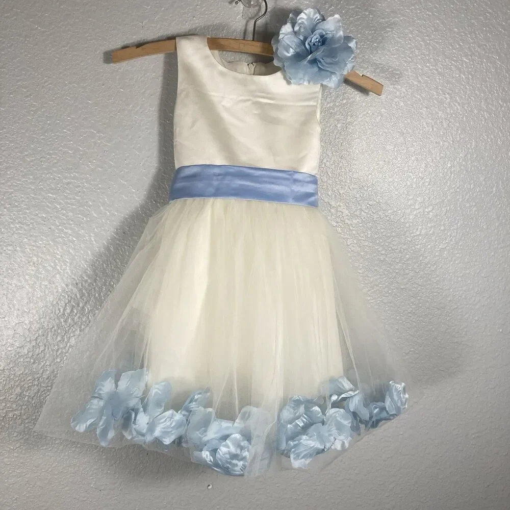 Flower Girl Dress Birthday Pageant 2T Ivory White Baby Blue Pedals Tulle Easter